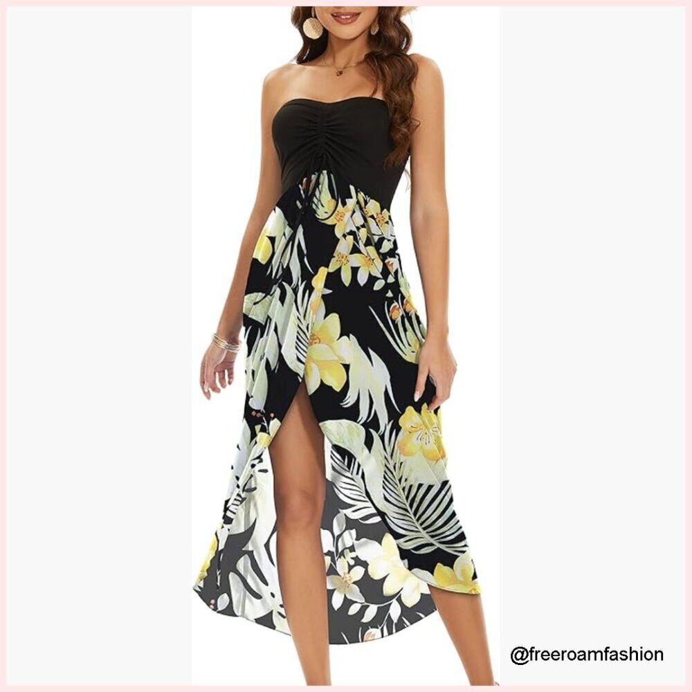 Strapless Maxi Sundress Asymmetrical Ruffle Beach Cover Up Dress